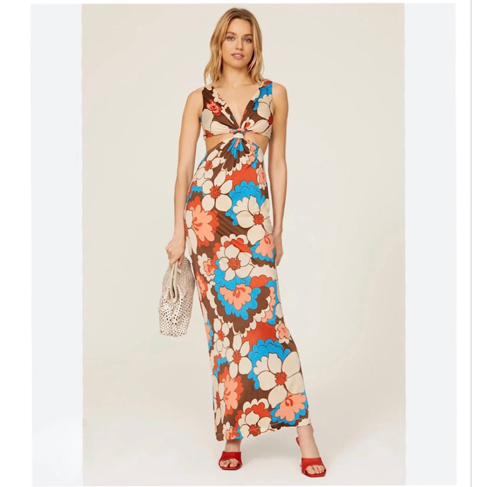 Ronny Kobo Sammy Retro Floral Print Cutout Maxi Dress